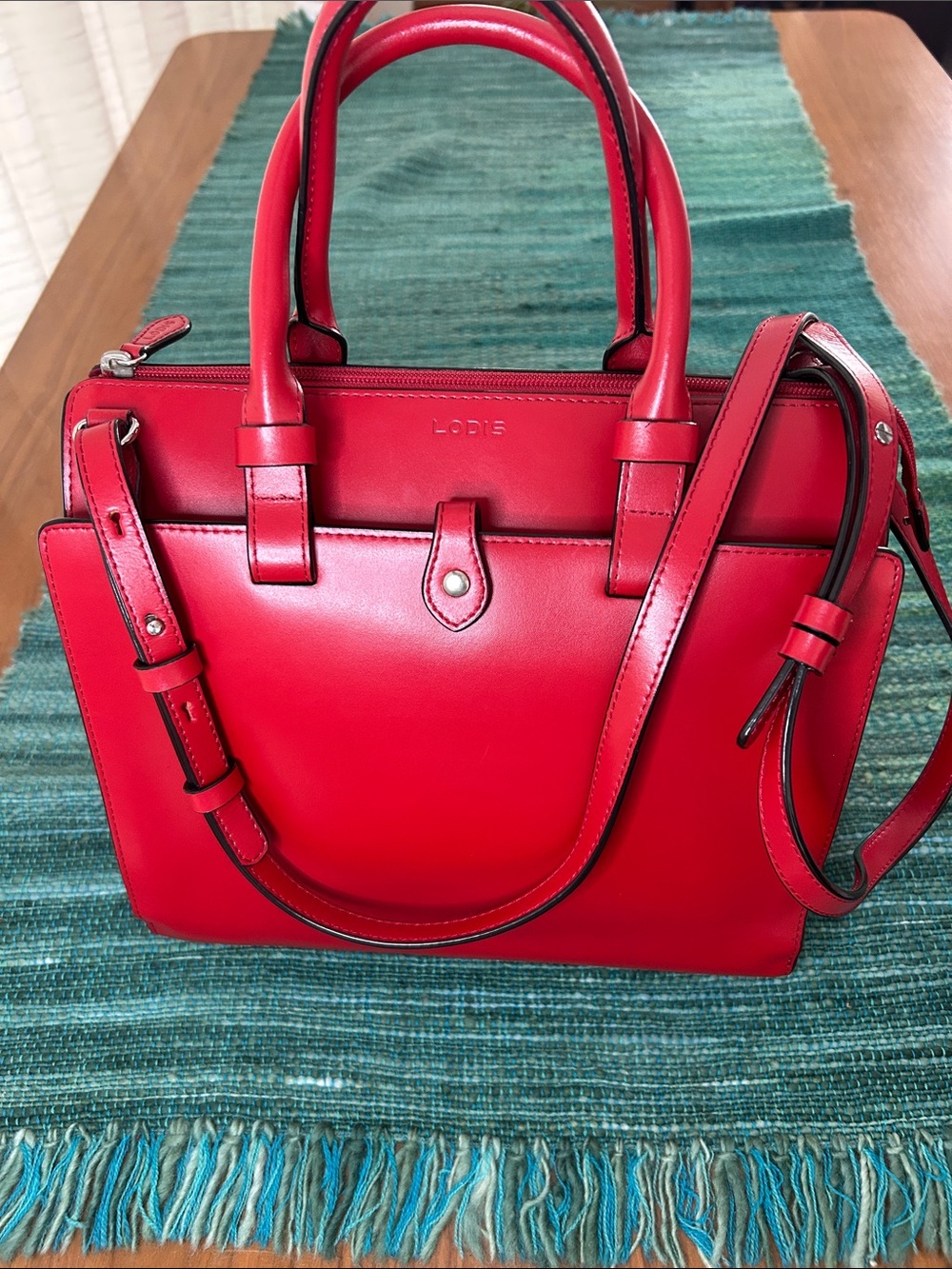 Lodis Bright Red Leather Satchel with Adjustable Strap